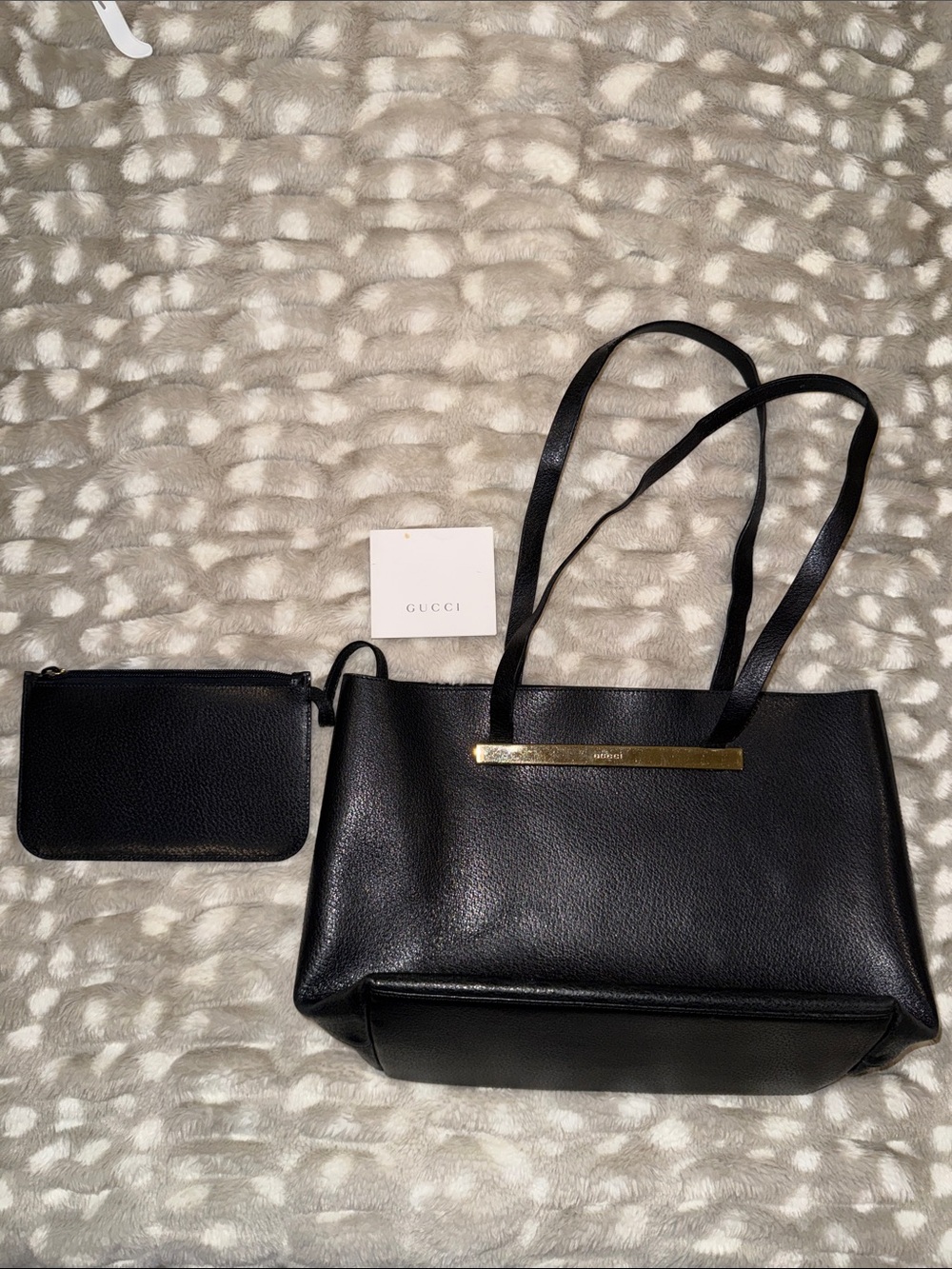 Gucci Black Pebbled Leather Tote Bag with Detachable Pouch & Gold-Tone Plate